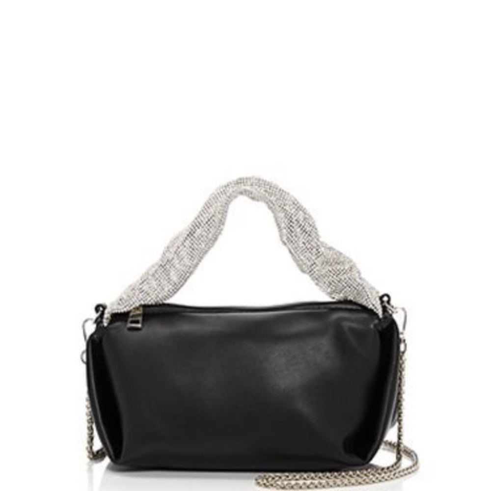Aqua black handbag with a silver handle can be worn as a clutch or crossbody.